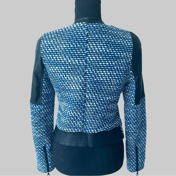 Zara Trafaluc Blue Black Tweed Faux Leather Moto Jacket - Picture 4 of 16